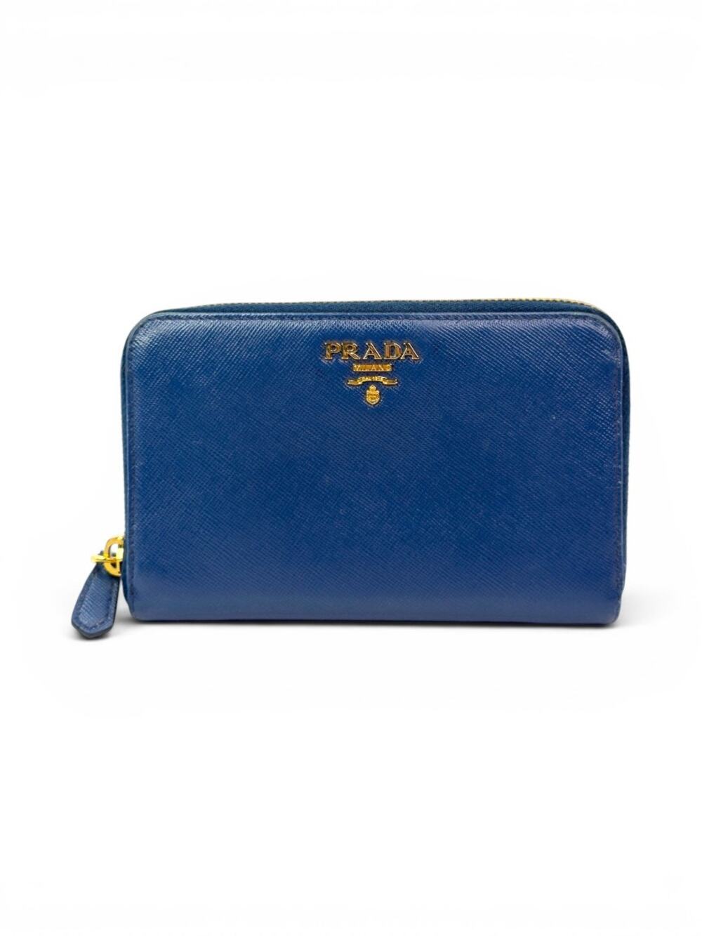 Prada Blue Saffiano Leather Zip Around Wallet Gold Hardware Continental Wallet